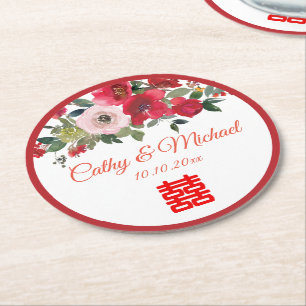 Red pink watercolor floral modern Chinese wedding Round Paper Coaster