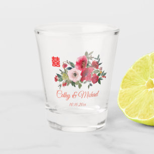 Red pink watercolor floral modern Chinese wedding Shot Glass