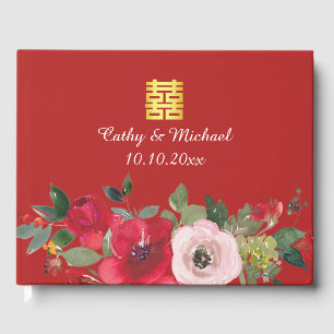 Red pink watercolor floral modern double happiness guest book
