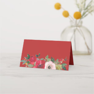 Red pink watercolor floral modern double happiness place card