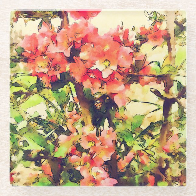 Red Pink Watercolor Floral Pattern 1 Glass Coaster (Front)