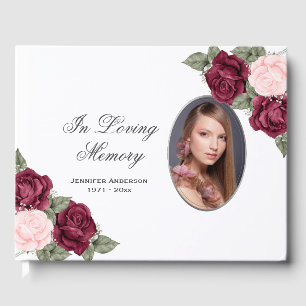 Red Pink Watercolor Floral Photo Memorial Funeral Guest Book