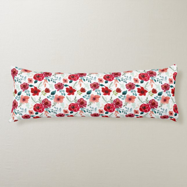 Red Pink Watercolor Flowers Teal Leaves White Body Cushion (Front)