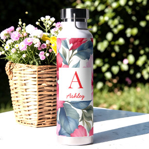 Red Pink Watercolor Hibiscus Flowers Water Bottle