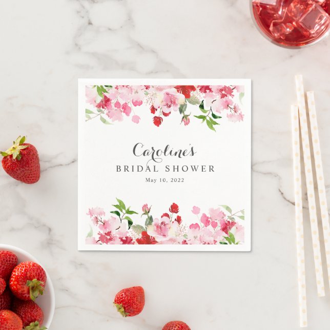 Red Pink Watercolor Roses Bridal Shower Napkin (Insitu)