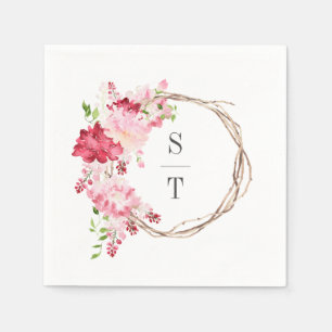 Red Pink Watercolor Roses Monogram Wreath Wedding Napkin