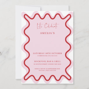 Red Pink Wavy Border 40th Birthday Invitation