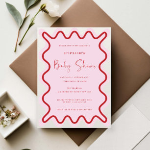 Red Pink Wavy Border Baby Shower Invitation