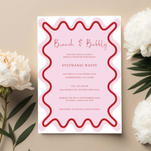 Red Pink Wavy Border Brunch and Bubbly Invitation