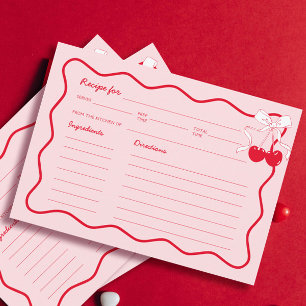 Red Pink Wavy Cherry Bow Bridal Shower Recipe Card