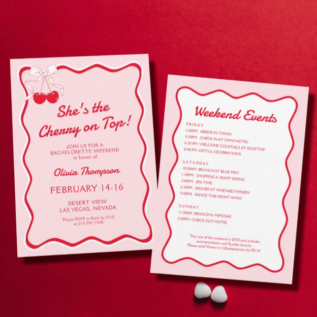 Red Pink Wavy Cherry On Top Bachelorette Party Invitation (Creator Uploaded)
