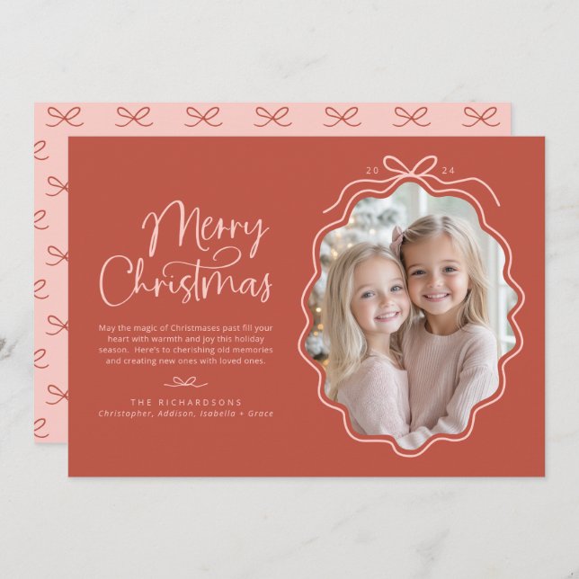 Red Pink Wavy Retro Photo Holiday Card (Front/Back)