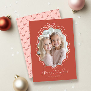 Red Pink Wavy Retro Photo Holiday Card