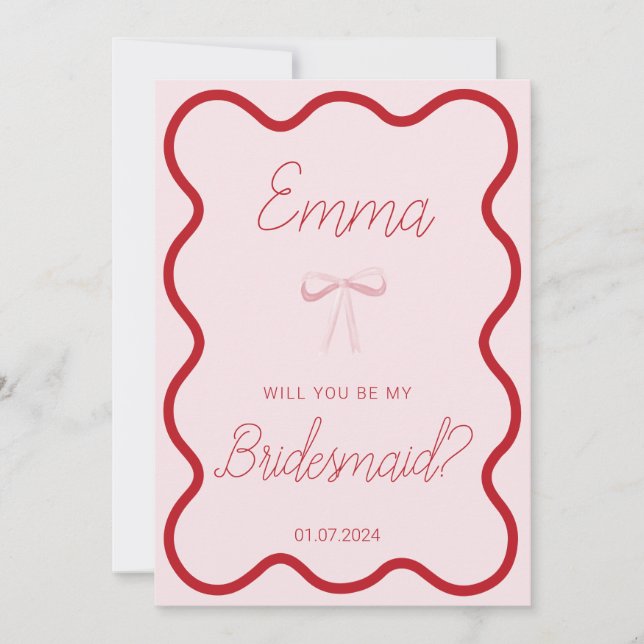 Red pink wavy will you be my bridesmaid proposal invitation (Front)