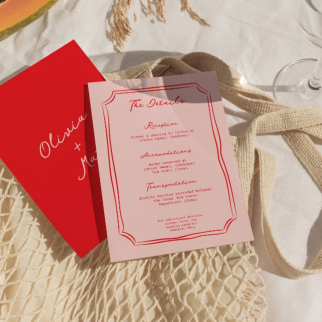 Red + Pink Wedding Details Enclosure Card (red pink wedding, wedding details card, enclosure card, colorful wedding card, modern wedding detail)