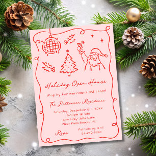 Red & Pink Whimsical Doodle Christmas Open House Invitation