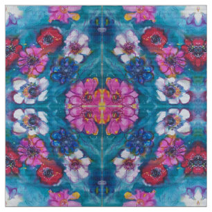 RED PINK WHITE COLORFUL FLOWERS IN BLUE FABRIC