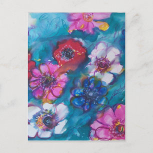 RED PINK WHITE COLORFUL FLOWERS IN BLUE POSTCARD