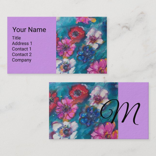 RED PINK WHITE FLOWERS IN BLUE FLORAL MONOGRAM  BU BUSINESS CARD (Front/Back)