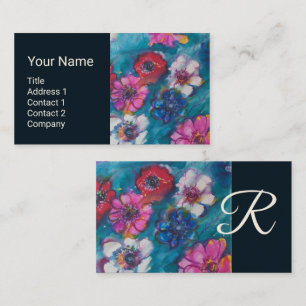 RED PINK WHITE FLOWERS IN BLUE FLORAL MONOGRAM  BUSINESS CARD
