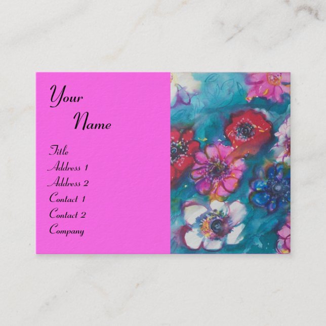 RED PINK WHITE FLOWERS IN BLUE MONOGRAM Fuchsia Business Card (Front)