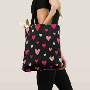 Red, Pink & White Hearts Black Tote Bag