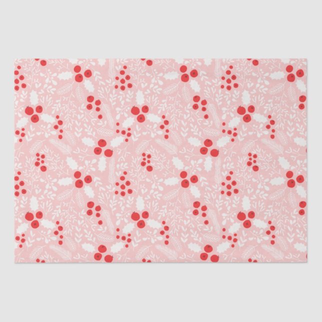 Red Pink White Holly Berries Mistletoe Christmas  Tissue Paper (Front)