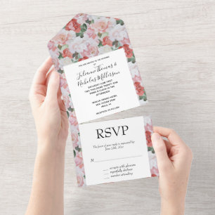 Red Pink White Roses Floral Wedding All In One Invitation