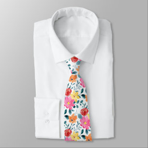 Red Pink Yellow and Orange Floral Watercolor Tie