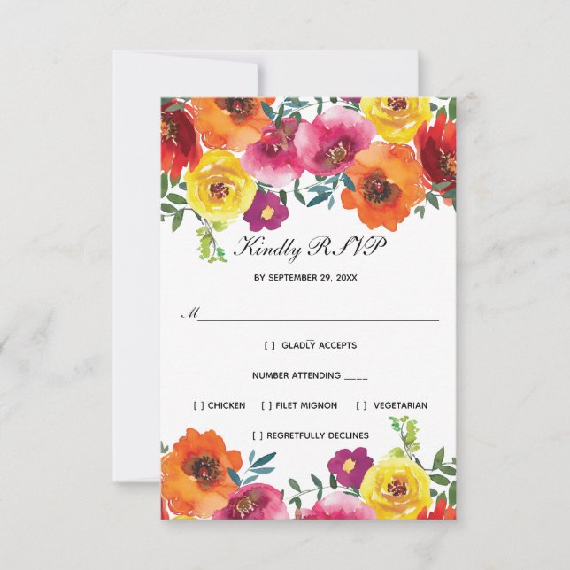 Red Pink Yellow Floral Formal Elegant Wedding RSVP (Front)