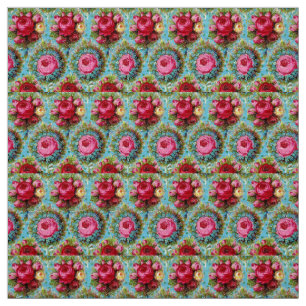 RED PINK YELLOW ROSES IN BLUE FABRIC