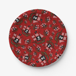 Red pirate ship pattern paper plate