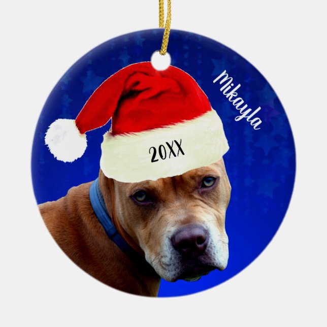 Red Pit Bull with Santa Hat Christmas  Ceramic Tree Decoration (Front)