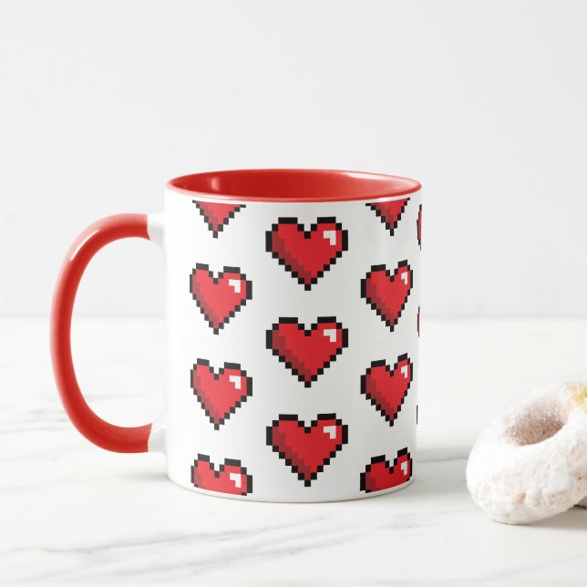 Red Pixel Heart Video Game Mug (With Donut)
