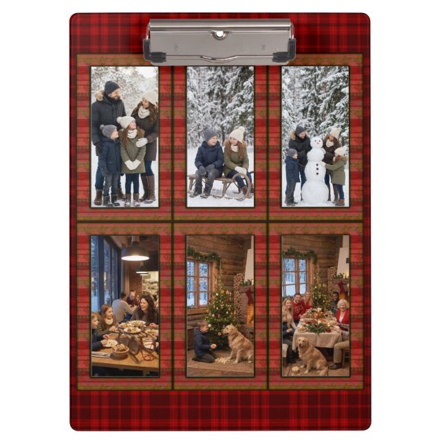 Red Plaid 6 Vertical Photo Collage Personalised Clipboard (Front)