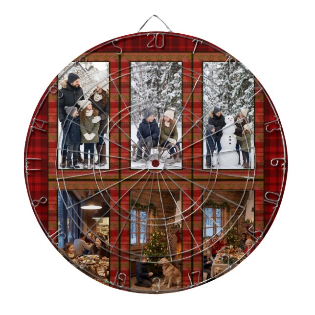 Red Plaid 6 Vertical Photo Collage Personalised Dartboard (Front)