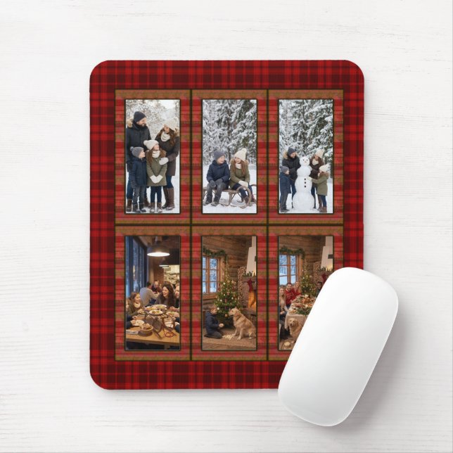 Red Plaid 6 Vertical Photo Collage Personalised Mouse Pad (With Mouse)