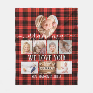 Red Plaid 8 Photo Collage Gift Personalized  Fleece Blanket