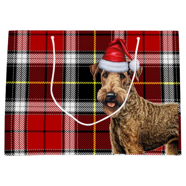 Red Plaid Airedale Terrier Dog Holiday Large Gift Bag (Front)