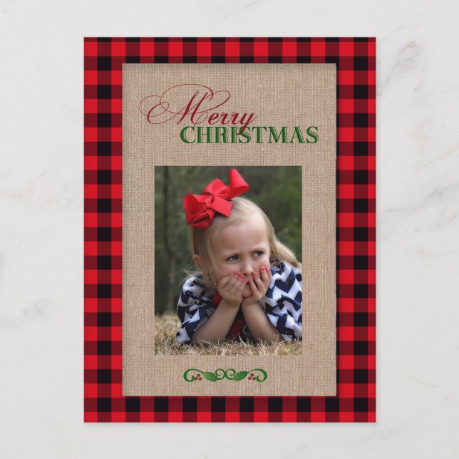 Red Plaid and Burlap Christmas Photo Card (Front)