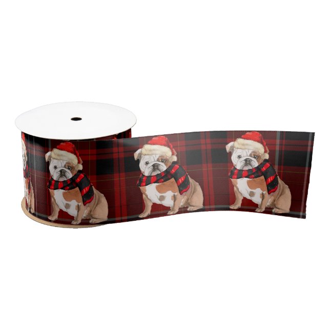 Red Plaid and English Bulldog Christmas Satin Ribbon (Spool)
