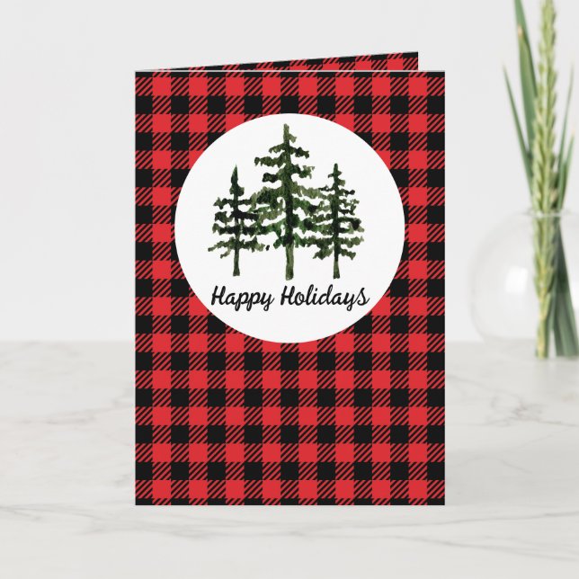 Red Plaid And Evergreen Trees Folded Greeting Card (Front)