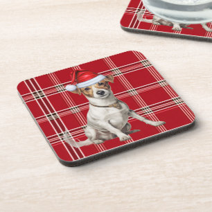 Red Plaid and Jack Russell Terrier Dog Christmas Coaster