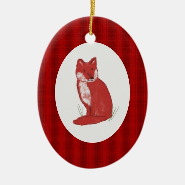 Red Plaid and Pastel Fox Illustration Ornament (Front)