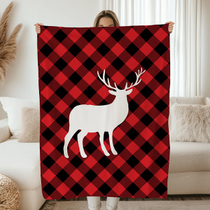 Red Plaid and White Stag   Holiday Fleece Blanket
