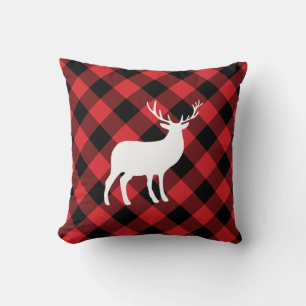 Red Plaid and White Stag   Holiday Pillow
