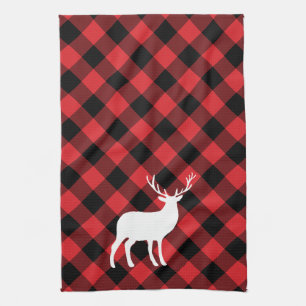 Red Plaid and White Stag Holiday Tea Towel