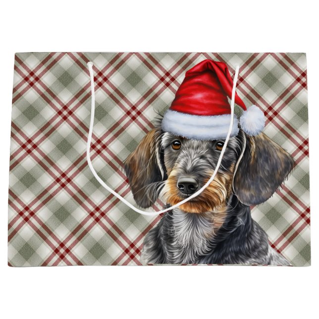 Red Plaid and Wirehair Dachshund Dog Lover Holiday Large Gift Bag (Front)