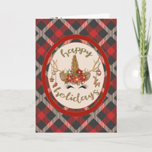 Red Plaid and Woodland Unicorn with Antlers Card