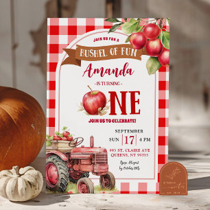 Red Plaid Apple First Birthday, Bushel of Fun 1st Invitation